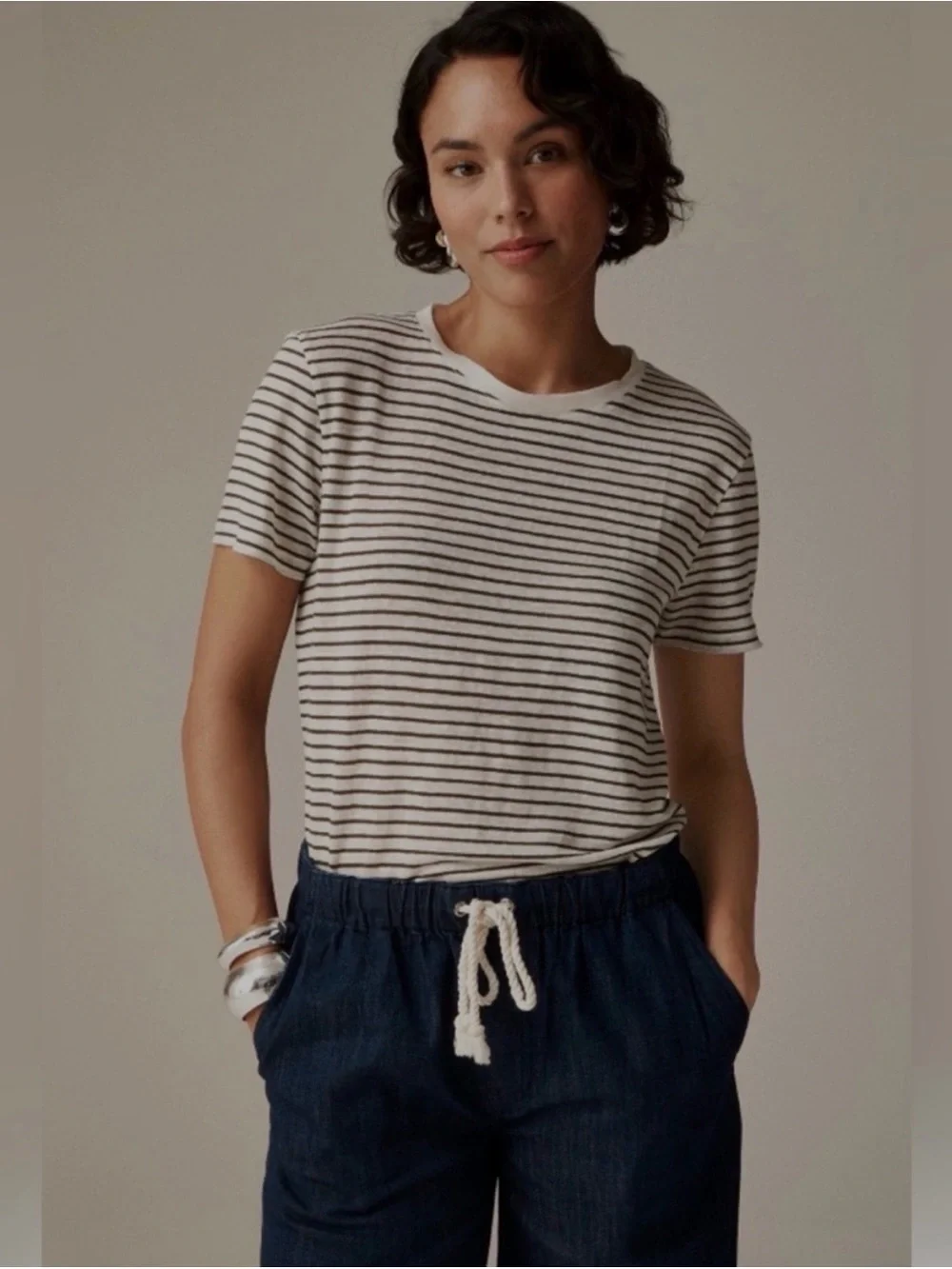 J. Crew Linen Striped Short Sleeve Tee in White & Olive Green, Size Medium